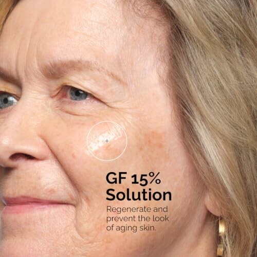 Close-up of a woman's face with text promoting GF 15% Solution for aging skin.