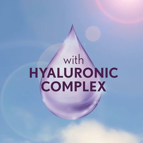 Purple droplet with text 'with Hyaluronic Complex' against blue sky.