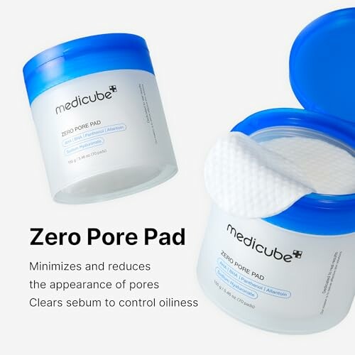 Medicube Zero Pore Pads with blue lid and cotton pads.