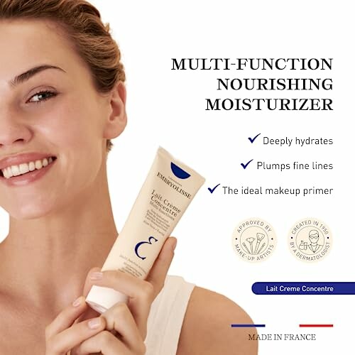 Woman holding a tube of multi-function nourishing moisturizer.