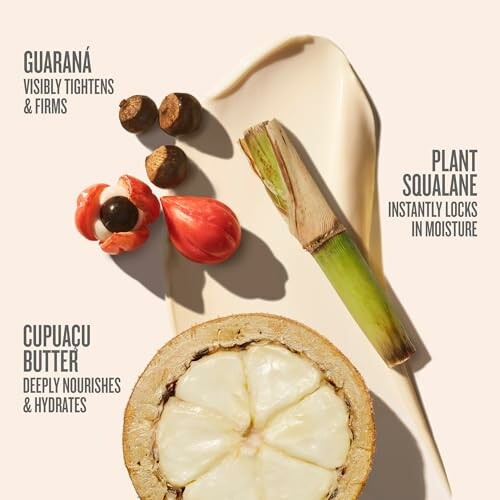 Natural skincare ingredients including guarana, plant squalane, cupuacu butter.