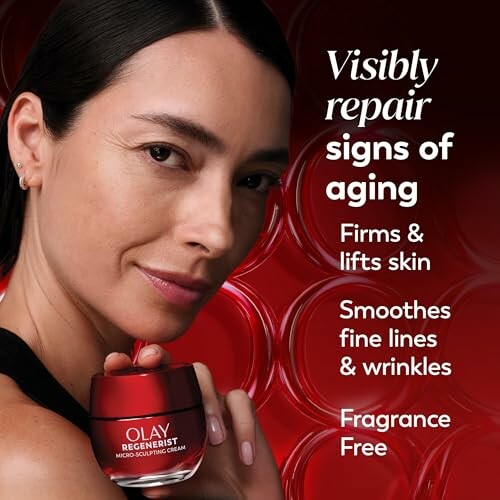 A woman holding a jar of Olay Regenerist Micro-Sculpting Cream, with text highlighting benefits such as firming, smoothing, and fragrance-free.