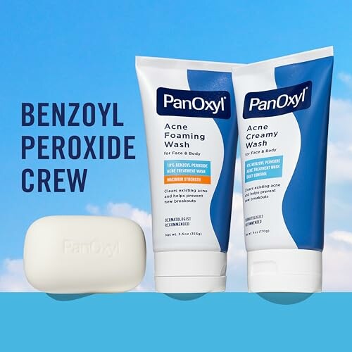 PanOxyl acne treatment products including foaming wash, creamy wash, and cleansing bar.
