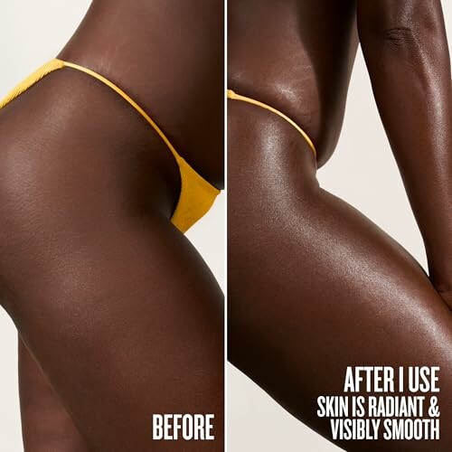 Comparison of skin before and after using a product, showing radiant and smooth skin.