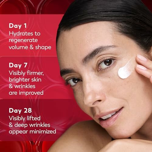 A woman applying a moisturizer with a timeline of visible results, including firmer skin, reduced wrinkles, and a more radiant complexion.