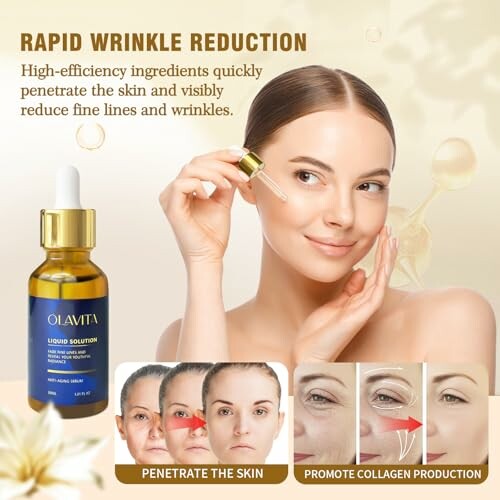 Woman applying anti-aging serum with product bottle and effects.