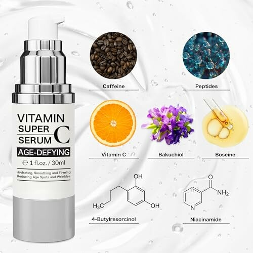 Vitamin C serum with ingredients like caffeine, peptides, vitamin C, bakuchiol, boseine, 4-butylresorcinol, and niacinamide.
